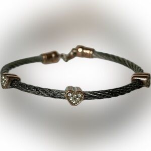 Vintage Rose Gold Diamond Hearts Bracelet With Silver Cable Cord Stainless Steel